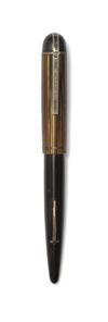 Group of 4 Wahl-Eversharp Skyline writing instruments: 14K gold-filled Chevron fountain pen and mechanical pencil set * brown striped c